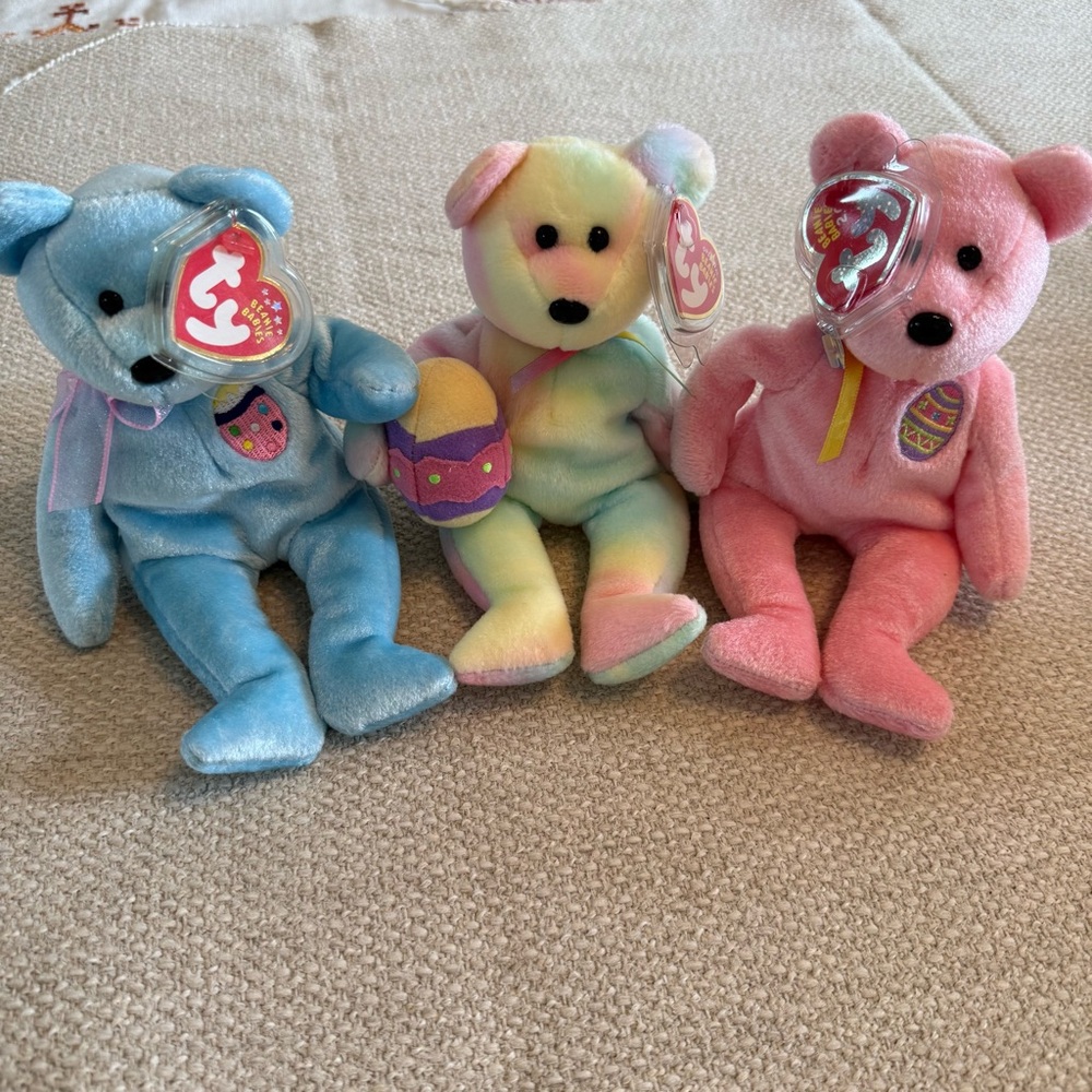 Ty Beanie Babies Blue, Multicolor, and Pink Easter Bears